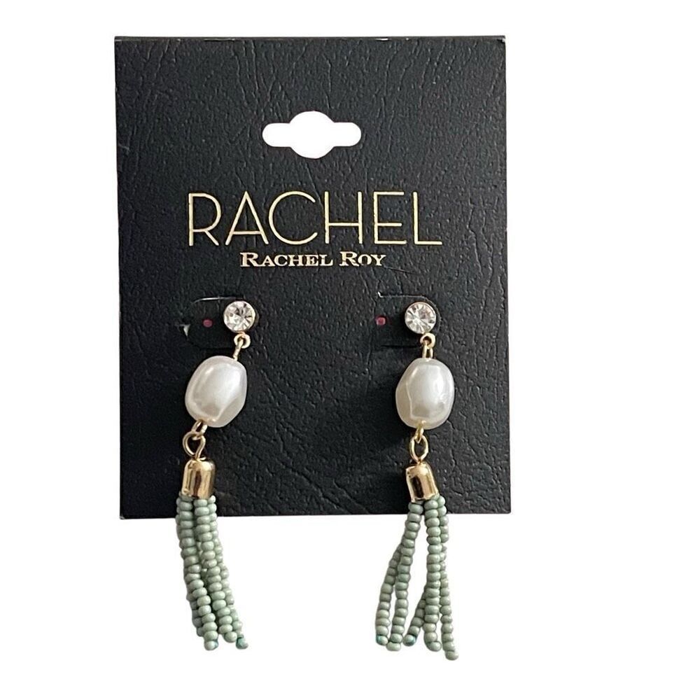 Rachel Roy Boho Dangle Earrings – Mint Beads, Pearl Drop & Rhinestone Stud